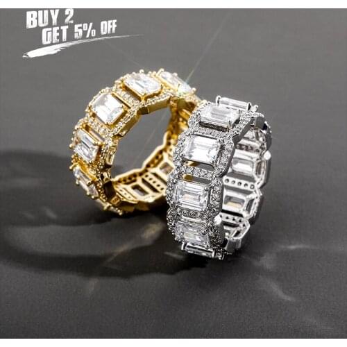 New Fashion Charm Four Claws Baguette Rings High Quality Copper Iced Micro Pave RINGS Hip Hop Fashion Jewelry Gift for Men Women
