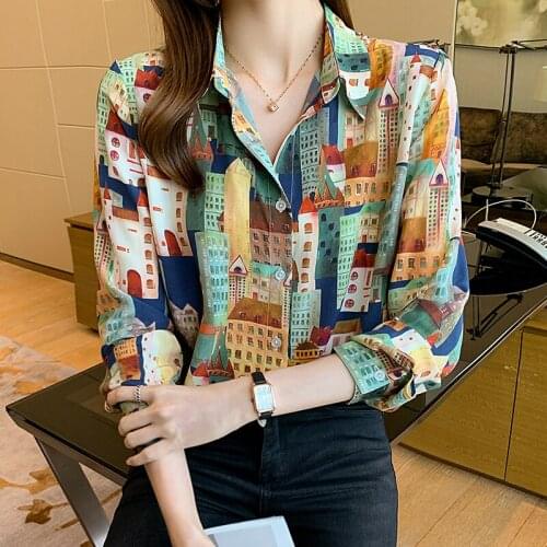 Chikichi 2021 autumn new fashion retro printing long-sleeved shirt Korean fashion lapel chiffon ladies blouse woman tops
