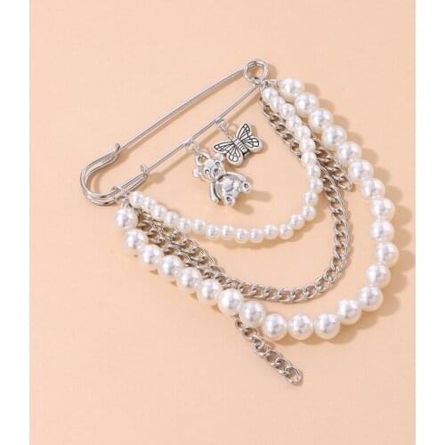 Orgin Summer Unique Design Faux Pearl Bear Butterfly Brooch for Women Temperament Mixed Chain Brooch Party Jewelry Accessories