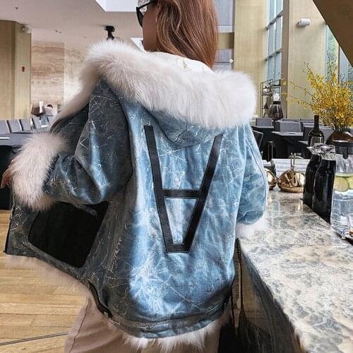 Women coat winter 2021 new arrival down jacket patchwork cowboy clothing with letters hooded with natural real fox fur collar