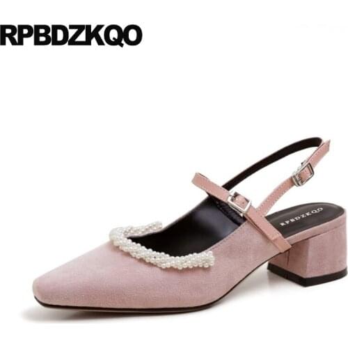 High Heels Strap Bridesmaid Kawaii Ladies Pumps Pink Wedding Shoes Girls Pearl Sandals Chunky Suede Slingback Closed Square Toe