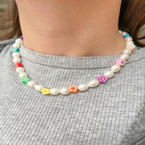 European and American Trend Bohemian Color Imitation Pearl Necklace Soft Pottery Flower Clavicle Fashion Boho Necklace