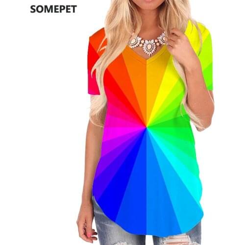 SOMEPET Colorful T-shirt women Rainbow V-neck Tshirt Dizziness Shirt Print Art Tshirts Printed Womens Clothing Hip hop Loose New