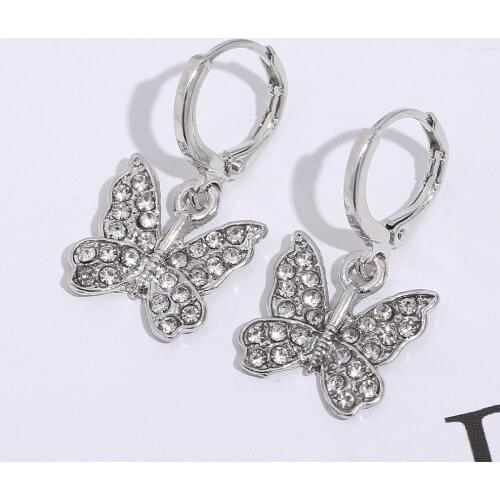 Chic Rhinestone Butterfly Hoop Earrings for Women Animal Insect Sweet Drop Dangle Earring Fashion Wedding Jewelry Accessories