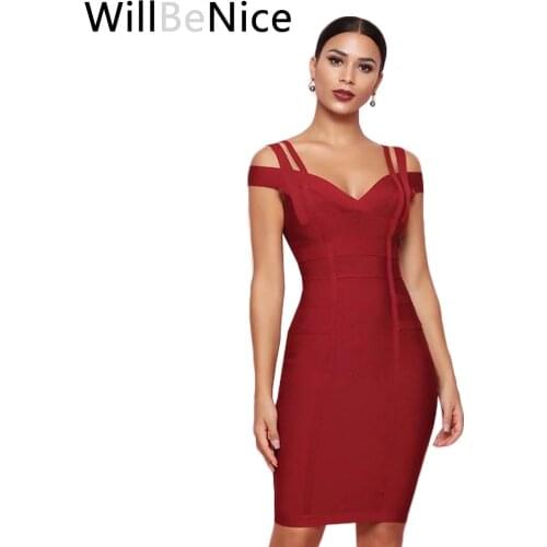 WillBeNice 2019 Sexy Women Bandage Dresses Bodycon Hollow Red Deep V Bandage Dress Party Club Women Dress Sexy Bandage