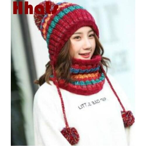 Winter Womens Hat Bib Set Knitted Warm Beanies With Three Pompom Ball Female Balaclava Multi Functional Hat Scarf Set
