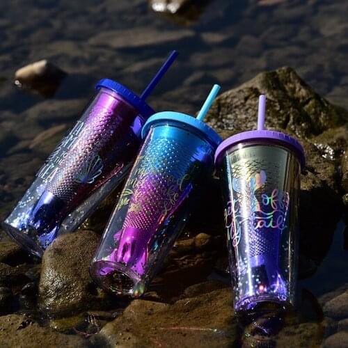 1PC 350ml Creative Water Cup Mermaid Tail Sequins Glitter Straw Cup Double-layer Plastic Coffee Juice Straw Drinks Mug