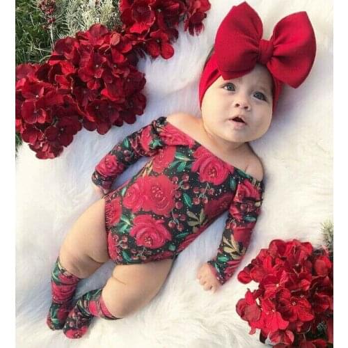 3PCS Baby Girl Floral Clothes Newborn girls Off Shoulder Long Sleeve Romper Headband Socks Outfits Set Infant Kid 0-24M