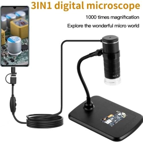 3-in-1 Digital Microscope 1000X Magnification 1080P Mobile Phone Microscope with Type-C+Android+Computer 3 in 1 Cable
