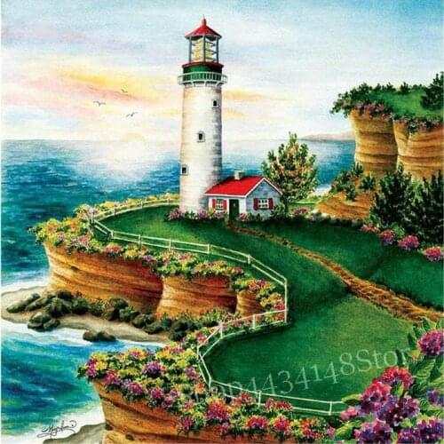 MHD 5d diy diamond painting landscape lighthouse full square / round rhinestone 3d diamond embroidery mosaic decoration kit
