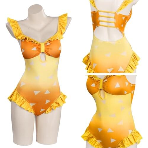 Anime Demon Slayer Agatsuma Zenitsu Cosplay Costume Swimwear Outfits Halloween Carnival Suit