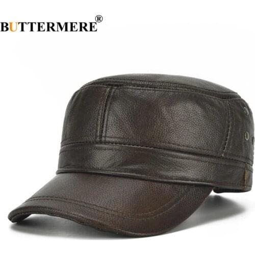 BUTTERMERE Men Cap Military Leather Brown Navy Captain Hat Real Cowskin Leather Adjustable Army Caps Male Winter Fiddler Hats