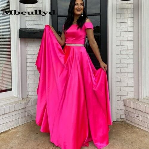 Mbcullyd Fuchsia Satin Prom Dresses Long 2020 With Short Sleeves Sparkly Beading Evening Gowns vestidos de fiesta de noche