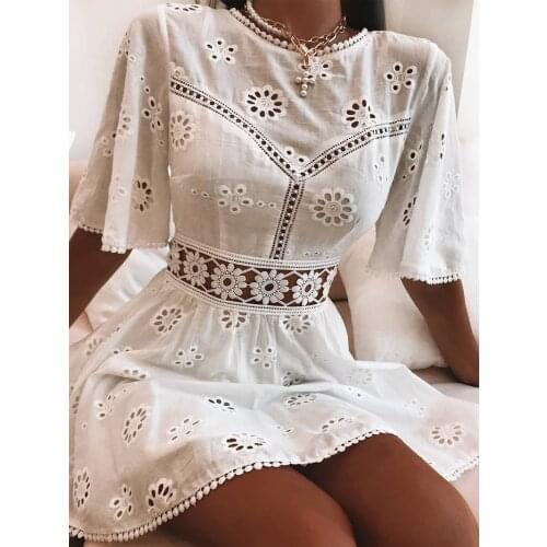 Aproms Elegant White Floral Embroidery Cotton Dress Women Casual High Fashion Backless Short Dresses High Waist Autumn Dress