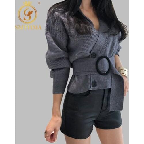 SMTHMA Autumn And Winter Women Cardigans Sweater V neck Solid Loose Knitwear Double-breasted Casual Knit Cardigan Outwear Coat