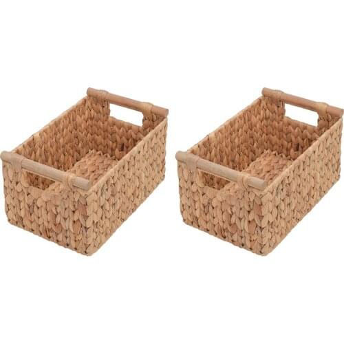 Hand-Woven Jumbo Storage Baskets with Wooden Handles, Water Hyacinth Wicker Baskets for Organizing, 2-Pack