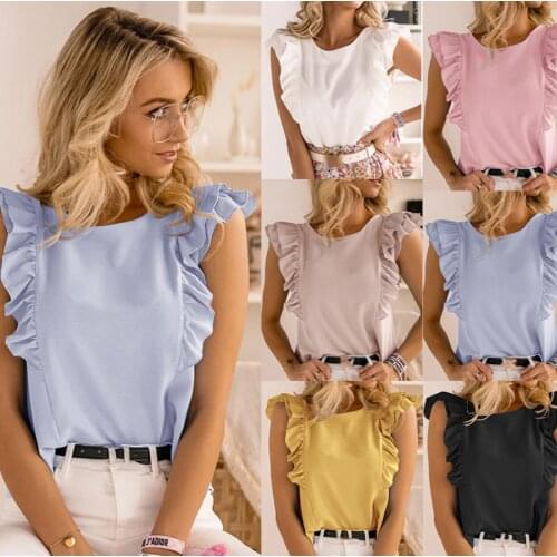 Summer Women T-Shirts Sleeveless Ruffles Solid Color Casual Fashion Elegant Sexy Backless Lace Up Female Blouse C2705