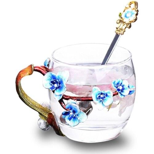 Enamel Color Plum Blossom Metal Handgrip Glass Mugs Crystal Glass Tea Coffee Cup Individual Box Package For Mothers Gift