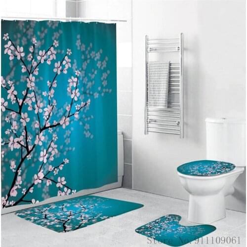New Style 3D Digital Printing Polyester Fabric Waterproof Shower Curtain Green Plant Non-slip Floor Toilet Mats Home Decor