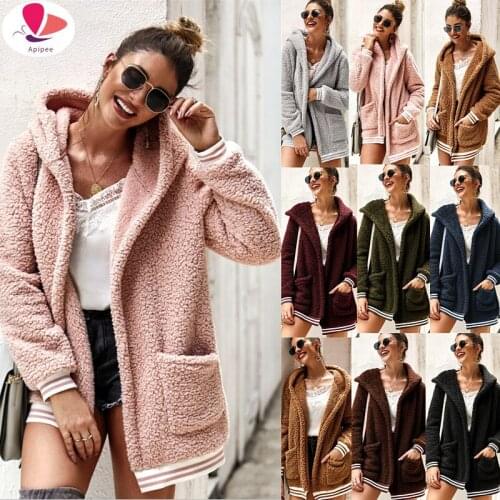Faux Fur Coat Women Hooded Winter Casual Teddy Coat Autumn Pockets Plus Size Fur Jacket Fleece Fluffy Overcoat Outwear