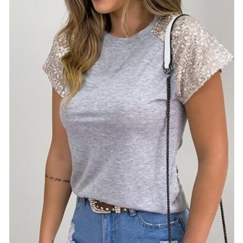 Women Ladies Short Sleeve Slim Blouse 2021 Summer O-Neck Casual Blouse Tops Clothing Sequined Solid Casual Soft Clothes Fashion