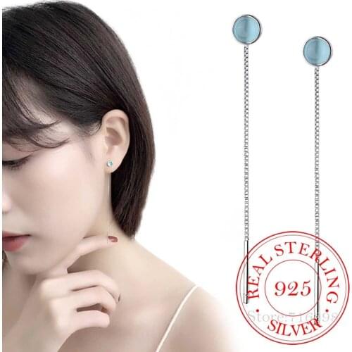 925 Sterling Silver Long Tassel Round Opal Charm Drop Earrings for Women Wedding Sterling Silver Jewelry Bijoux