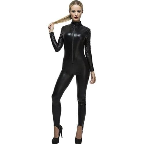 Hot Sexy Women Black Faux Leather Catsuit Long Sleeve Bodycon Jumpsuit Front Zipper Stretch Bodysuit Erotic Night Clubwear