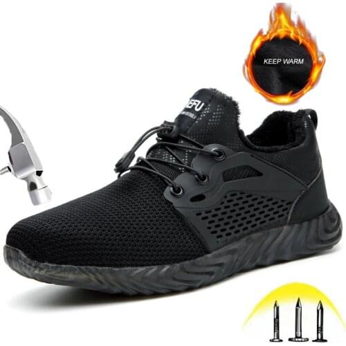 Winter Steel toe Safety Shoes for Men Warm Soft Plus Velvet Insulation Protective Shoes Male Outdoor Puncture Proof Work Boots