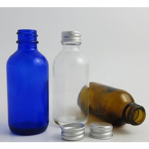 24pcs/lot 60ml Liquid Essential Oil Cobalt Blue Clear Amber Glass Bottle With Aluminum Lids 2oz Boston Round Bottles Containers