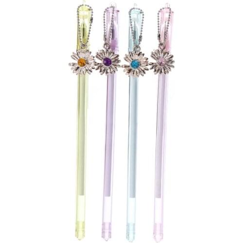 4pc Cute Gemstone Daisy Pendant Gel Pens Creative Student Pen Stationery Office School Supplies Black Water-based Signature Pen