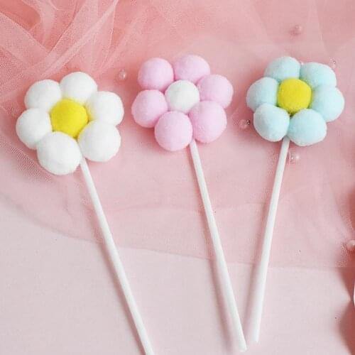 5pcs Colorful Hairball Flower Cake Topper Star Heart Happy Birthday Party Cake Decora Supplies Baby Shower Decor Wedding Party