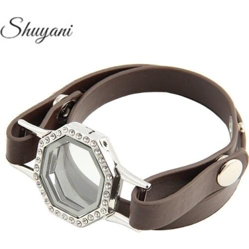 5pcs/lot 4 Colors Mix Genuine Leather Twist Heirloom Face Charm Bracelet Floating Glass Memory Living Locket Leather Bracelet