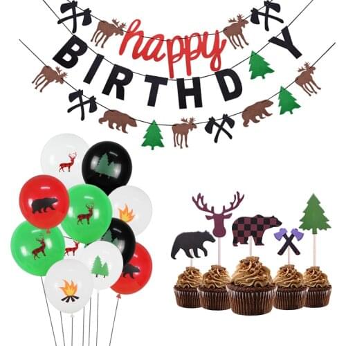Lumberjack Birthday Party Red Plaid Banner Bear Axe Tree Balloon Cake Insert Happy Birthday Party Decoration Favor Home Supplies