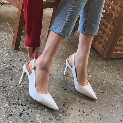 Summer New sandals women Fashion Dress Buckle Strap Solid Office Lady Shallow Back Strap Thin Heels Backspace 9cm High Heels PU