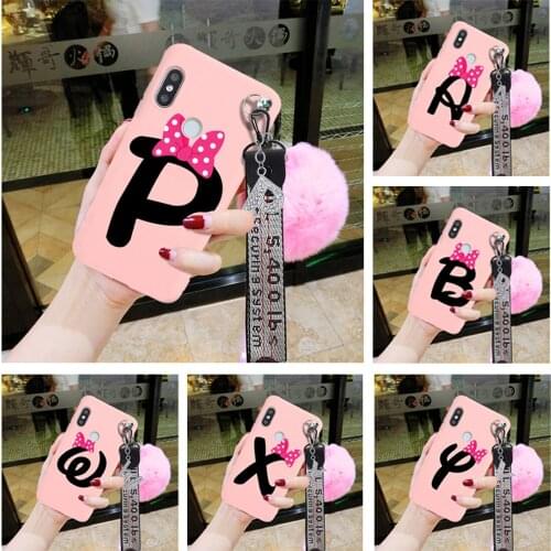 Fur Ball Bow Case for Samsung Galaxy S21 S20 FE S10 Plus A12 A32 A42 A52 A72 5G Silicone Strap Cute letters A B C Cover coque