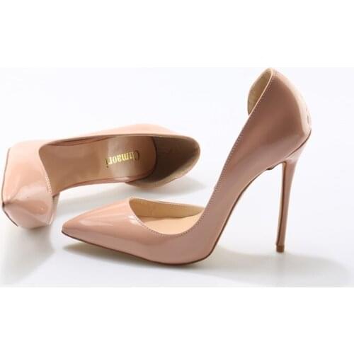 Chmaori High Quality Women Classical Style Pointed Toe Cut-out Pums Nude Patent Leather High Heels Formal Dress Shoes