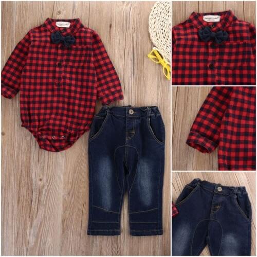 Kids Baby Boy Long Sleeve Plaid Romper Bodysuit Jumpsuit Tops+Jeans Pants Outfits Clothes Set