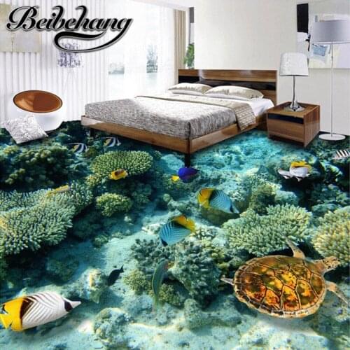 Beibehang Custom picture floor underwater world of coral turtle PVC wallpaper 3D stereoscopic adhesive waterproof flooring