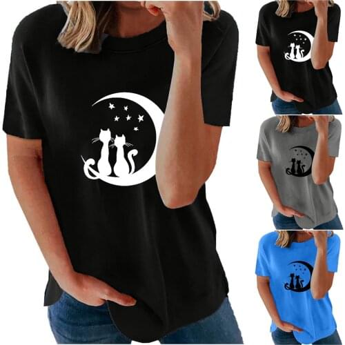 Cat short sleeve T-shirt printed round neck womens top 2021 summer new loose and comfortable womens wear Костюмы с шортами