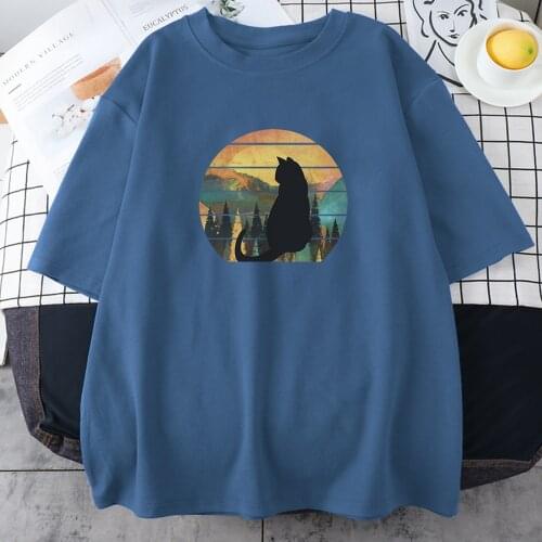 Black Cat Sitting On Back Prints Womens T-Shirt Aesthetic All-Match Clothes Loose Crew Neck Top Casual Crewneck T Shirts Woman
