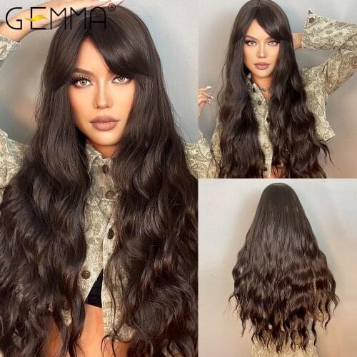 GEMMA Long Water Wave Synthetic Wigs with Bangs Natural Black Dark Brown Cosplay Daily Heat Resistant Hair Wigs for Women Afro