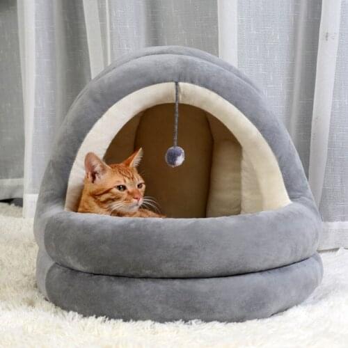 BEI Cats nest bed all seasons Semi closed velvet cotton cats products nest washable dogs pets wool ball house soft plush Villa