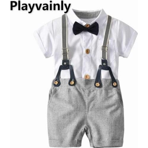 2021 Baby Boy Sets bow tie white Short Sleeve Romper+overalls 2 Piece cotton Suit Boy Clothes