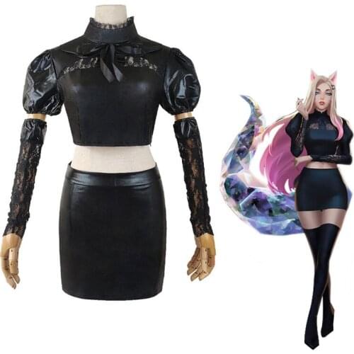 Game LOL KDA Baddest Ahri Cosplay Costumes Girls Halloween Sexy Ahri Black Uniforms Resistant Synthetic Hair Wigs For Women