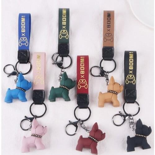 Fashion French Punk Bulldog Keychain PU Leather Dog Keyring For Women Bag Charm Trinket Men Car Key Ring Key Chain Jewelry