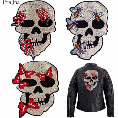 Prajna Motorcycle Snake Skull Patch Stalker Biker Sew On Sequin Embroidered Patches For Clothes Stripes Jacket Patches DIY Badge