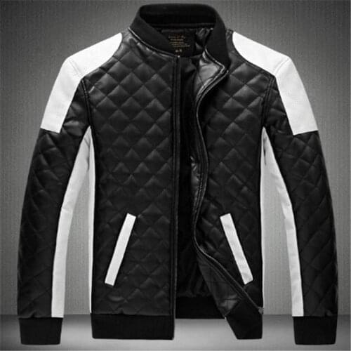 2021 new brand fashion mens stand collar leather jacket with black and white color matching stand collar jacket