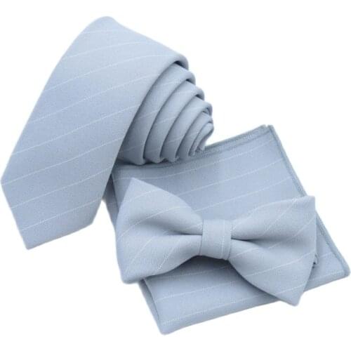 Tie Mens Grey Korean Narrow Necktie, Small pocket square bowtie Three set Light Grey White Stripe Ties