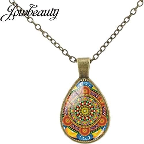 JOINBEAUTY Tear Drop Necklace Decorative Flower Pattern Glass Cabochon Vintage Pendant Simple Accessories Women Men Party CT324