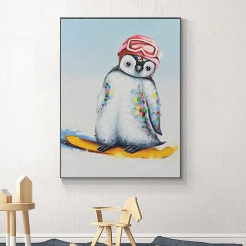 Modern Hand Painted Colorful Animals Canvas Painting Cartoon Little penguin skiing Wall Art Picture for Kids Room Home Decor